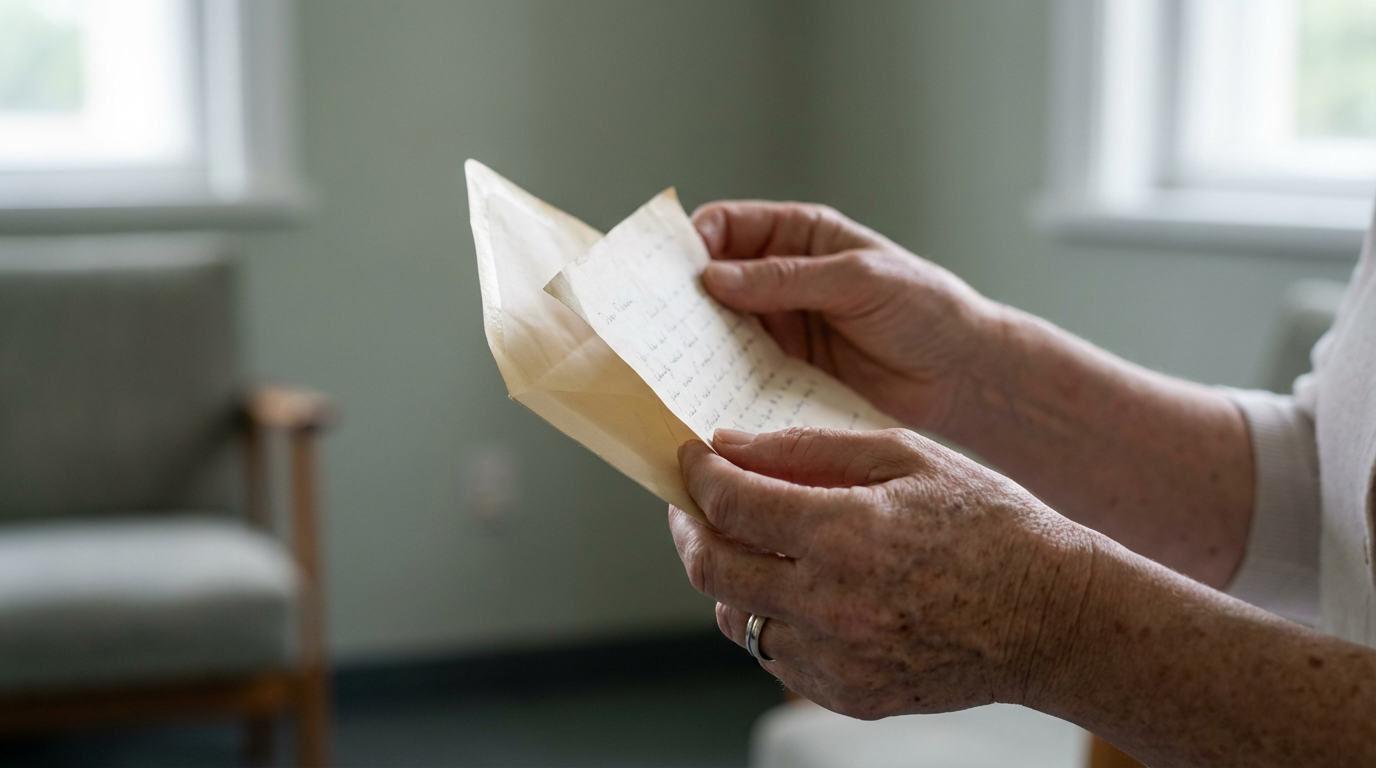 Elder hands with wedding ring reading a handwritten letter