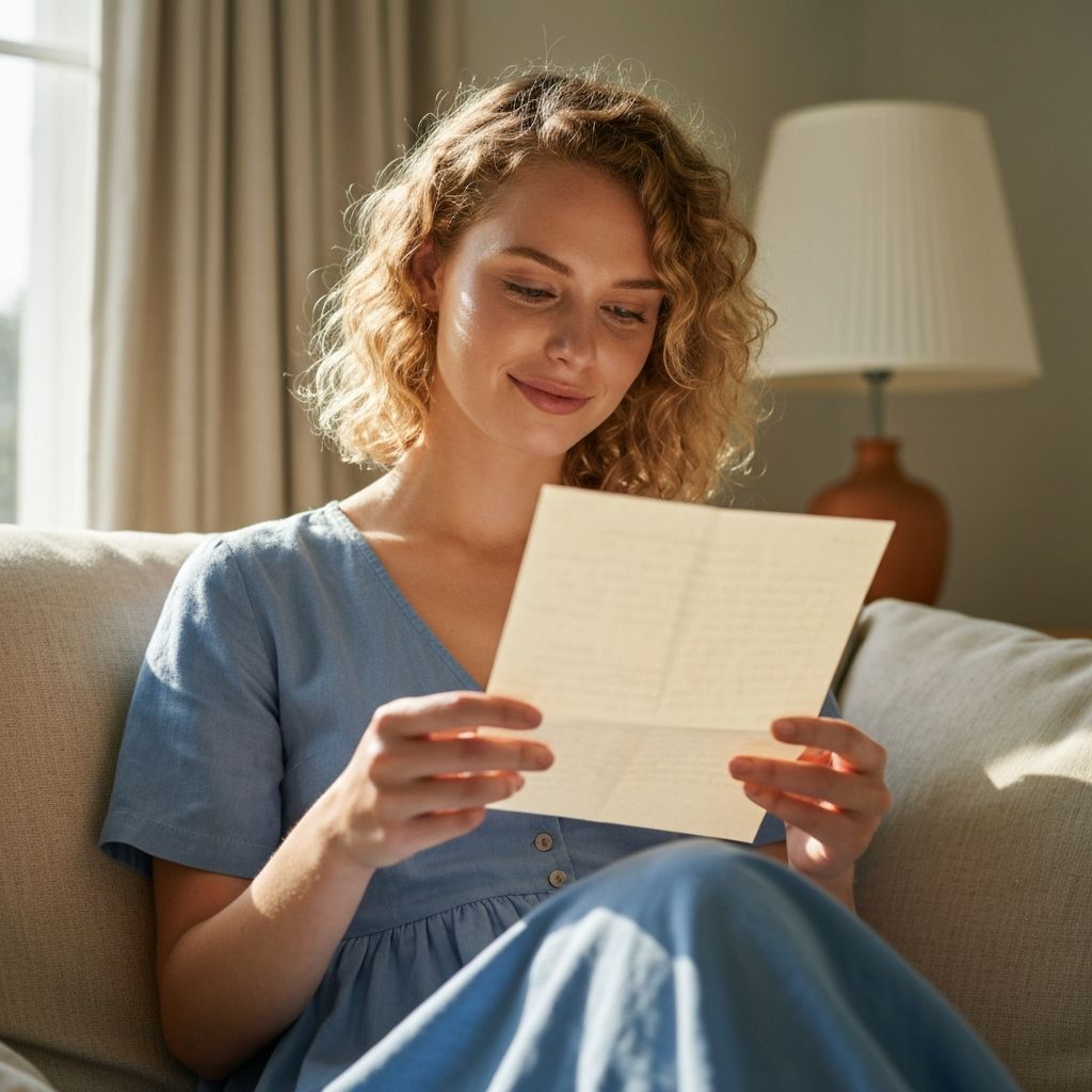 Woman peacefully reading a letter in soft natural light